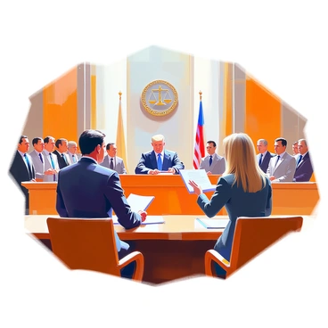 A courtroom scene depicting a tense moment where lawyers are challenging an executive order. The room is filled with wooden benches and a large judge's bench at the front. In the foreground, two lawyers are engaged in a passionate debate, one with short dark hair wearing a navy suit and holding a stack of documents, and the other with long blonde hair wearing a gray suit, gesturing confidently. The audience, consisting of various individuals dressed in formal attire, watches intently. The walls are adorned with legal books and a large emblem representing justice hangs behind the judge. Bright light filters through tall windows, illuminating the serious atmosphere of the debate.