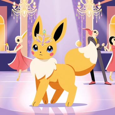 An Eevee standing elegantly with its fluffy tail curled behind it. The Eevee is wearing an ornate masquerade mask that is decorated with intricate patterns and shimmering jewels. The setting is a grand ballroom filled with colorful, swirling lights. There are sparkling chandeliers hanging from the ceiling, and polished marble floors reflecting the light. Other Pokémon in glamorous attire can be seen in the background, dancing and enjoying the festivities. The atmosphere is lively and festive, with vibrant colors and details throughout the scene.