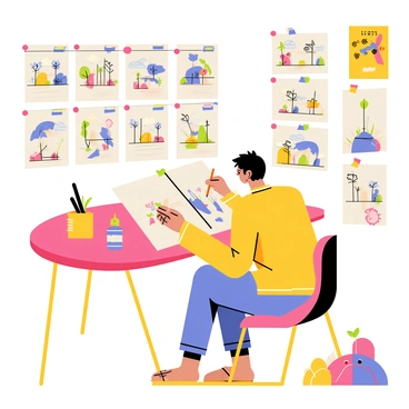 An artist illustrating vibrant flat scenes for a children's book, surrounded by storyboards.