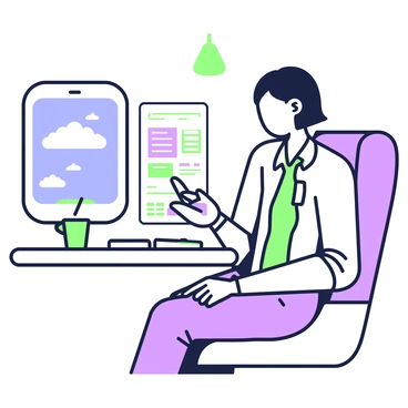 A product owner is seated comfortably on an airplane, working diligently on a tablet. The individual has short hair and is dressed in a casual button-up shirt and jeans. The tablet displays a detailed product roadmap with various stages and milestones clearly outlined. In front of the product owner, an airplane window reveals a view of fluffy white clouds and a clear blue sky. A tray table with a cup of coffee and a notepad is positioned next to them, while a soft overhead light provides illumination for their task.