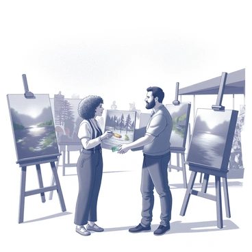 Two artists stand in an outdoor art fair, engaging in a friendly exchange of their paintings. One artist, a woman with curly hair, holds a vibrant painting adorned with abstract shapes, while the other, a man with a beard, presents a landscape piece showcasing a serene river scene. Various easels and artworks surround them, creating a lively atmosphere filled with creativity. The sky above is clear, with bright sunlight illuminating the scene, casting soft shadows on the ground. People are seen in the background, browsing the art displays and enjoying the event.