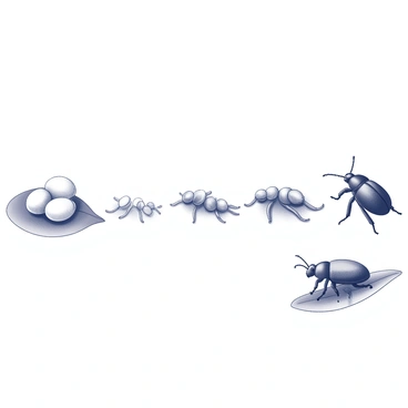 A series of illustrations showcasing the lifecycle of a beetle. The first image shows a cluster of small, oval-shaped "eggs" laid on a leaf, emphasizing their delicate appearance. The next stage presents tiny, elongated "larvae" that are wriggling on the ground, with their segmented bodies and small heads clearly visible. Following that, the image transitions to the "pupae," which are nestled in the soil, exhibiting a smooth, rounded shape. The final stage displays a fully developed "adult beetle" with a shiny, armored exoskeleton, sitting on a leaf with its wings folded neatly against its body. Each stage is arranged sequentially to illustrate the transformation from egg to adult.