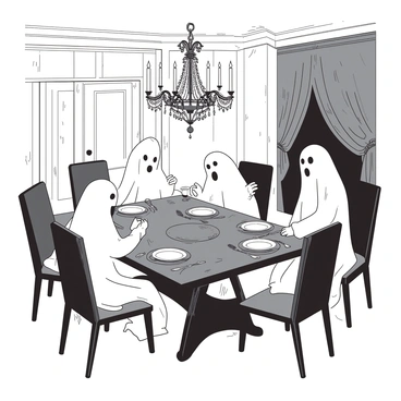 A white haunted dining hall features ghostly figures sitting around a large, ornate table made of dark wood. The table is set with tarnished silverware and faded, dusty plates. Spectral chairs, draped in shimmering, translucent fabrics, surround the table, and the ghostly figures are looking at each other, some with hands clasped and others appearing to whisper. Dim, flickering candlelight casts shadows on the walls, revealing faded wallpaper peeling at the edges. A large, vintage chandelier hangs from the ceiling, its crystals glimmering faintly in the low light, adding an ethereal quality to the scene.