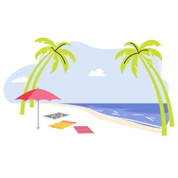 A tropical island beach scene featuring a white sandy beach stretching along the shore. Tall green palm trees with long, slender trunks lean towards the ocean, their leaves swaying gently in the breeze. The clear blue water sparkles under the sunlight, creating small waves that lap against the shore. A few colorful beach towels are spread out on the sand, and a bright red beach umbrella is positioned nearby. In the background, a clear blue sky is dotted with a few fluffy white clouds.