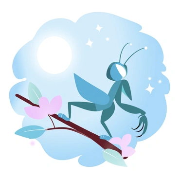 An orchid mantis is perched on a delicate branch, showcasing its unique shape and vibrant colors. The full moon is large and luminous, casting a soft light across the scene, illuminating the mantis' form. The night sky is deep blue, scattered with twinkling stars that enhance the tranquil atmosphere. The mantis blends subtly with the surrounding foliage, creating a harmonious connection with its environment.