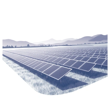 A vast field filled with numerous solar panels arranged in neat rows. Each panel is tilted at an angle to capture sunlight effectively. The landscape features a clear sky, allowing sunlight to reflect off the panels' surfaces. In the background, there are rolling hills that stretch towards the horizon. The ground surrounding the panels is covered with green grass, creating a natural contrast with the panels.