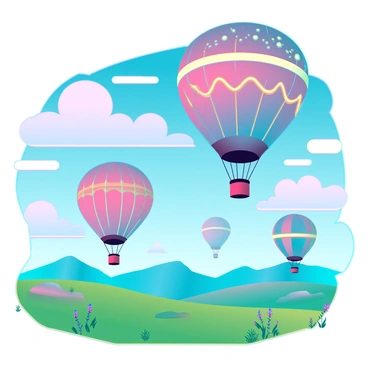 A magical sky filled with vibrant hot air balloons in various colors, including red, blue, yellow, and green, drifting gracefully above gently rolling hills. Each balloon has unique patterns and designs, including stripes, polka dots, and floral motifs. The landscape below features lush green grass and patches of wildflowers. Wispy clouds add texture to the sky, enhancing the whimsical atmosphere of the scene. The sunlight casts a warm glow, illuminating the balloons and the hills beneath them.