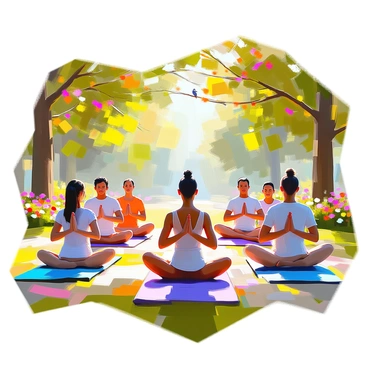 A group of individuals practicing yoga in a lush green park, surrounded by tall trees and vibrant flowers. The participants vary in age and ethnicity, each positioned on colorful yoga mats in a circle. They are engaged in deep breathing techniques, with some sitting cross-legged, while others are in standing poses. The sunlight filters through the leaves, casting dappled shadows on the ground. A few individuals have their eyes closed, embodying tranquility, while others maintain a gentle smile, reflecting focus and calmness. In the background, a small path winds through the park, and a few birds can be seen perched on nearby branches.