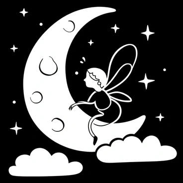 A fairy with delicate wings is perched on a "crescent moon". The moon has intricate patterns etched into its surface. The fairy is surrounded by small sparkling stars that twinkle in the "quiet night sky". The scene is illuminated by a soft, gentle glow emanating from the fairy, creating a tranquil atmosphere. Wispy clouds drift lazily around the moon, adding depth to the composition.
