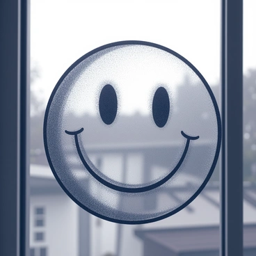 A smiley face is drawn on a window, the lines are clear and distinct. The window features condensation, creating a misty background that diffuses the light. The smiley face consists of two circular eyes and a wide, curved smile, embodying a cheerful expression. The surrounding glass reveals blurred shapes and outlines from the outside, enhancing the impression of a misty atmosphere.