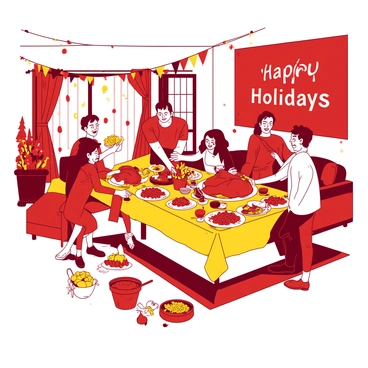 A cheerful muster of families preparing for a holiday celebration with decorations and food