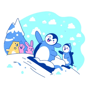 A blue cartoon penguin is joyfully sliding down a snowy hill, with its wings outstretched for balance. The penguin has a big smile on its face, showcasing its excitement. Around the penguin, various white snowflakes are gently falling from the sky, creating a playful winter atmosphere. Cheerful friends, including a pink bunny and a yellow bear, are watching from the side of the hill, clapping and cheering for the penguin's fun descent. The snow-covered landscape is bright and inviting, enhancing the lively scene.