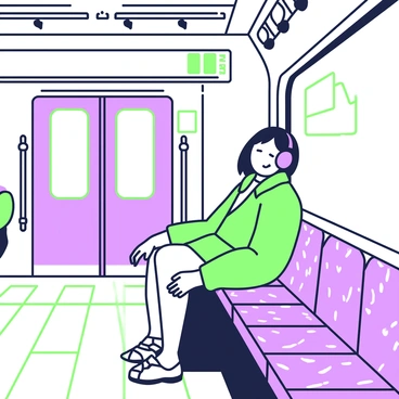 A passenger is seated on a subway train, dozing off with their head resting against the window. The person has short hair and is wearing a casual jacket. They have large headphones covering their ears, with a slight expression of relaxation on their face. The subway seat is upholstered in a patterned fabric, and the interior of the train features grab bars and overhead lights. In the background, there are other empty seats and a glimpse of a subway map displayed above the doors. The floor is tiled with a grid pattern, adding to the urban setting.