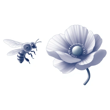 A bee is hovering close to a vibrant poppy flower. The bee has finely detailed wings and visible hairs on its body as it approaches the flower. The poppy flower has broad, rounded petals that are slightly crinkled, creating a delicate appearance. The center of the flower features a clear, prominent stigma surrounded by numerous stamens. The scene captures the moment just before the bee lands on the flower, with its legs extended and the flower swaying slightly as if responding to the bee's presence.