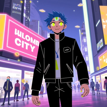 A young anime character with spiky blue hair wearing a sleek black jacket is walking through a vibrant cyberpunk city district at night. The character has bright green eyes and a futuristic visor on their forehead. Neon lights in various colors illuminate the surroundings, casting a glow on the character’s face. Tall buildings adorned with holographic advertisements soar in the background. The streets are bustling with people, including other anime-inspired characters, and there are flying vehicles darting above. A large digital billboard displays the text “Welcome to Neo City” in bright pink letters.