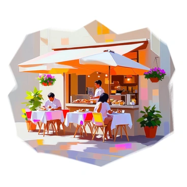 A cozy outdoor café scene with several small tables, each adorned with colorful tablecloths. People are seated at the tables, some sipping coffee while engrossed in books. The sunlight filters gently through large umbrellas providing shade. A barista is seen behind the counter preparing drinks, with a display of pastries nearby. Potted plants add greenery to the setting, enhancing the inviting atmosphere. The walls of the café are decorated with hanging flower baskets, creating a warm and welcoming environment.