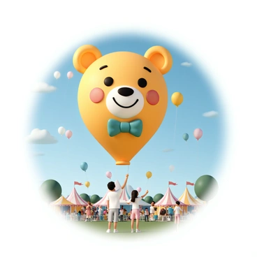 A giant cartoon character balloon, designed to resemble a cheerful bear with a big smile, is floating high in a bright blue sky. The balloon is predominantly yellow with red accents on its cheeks and a green bowtie. Below the balloon, a lively festival takes place, with colorful tents and joyful crowds. Children are pointing at the balloon with wide eyes, while families enjoy cotton candy and balloons of their own. The sun casts a warm glow over the scene, adding to the festive atmosphere.