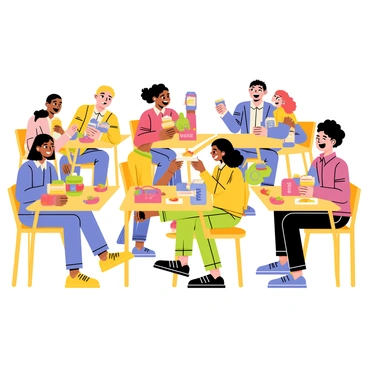 A classroom filled with students sitting at their desks, enjoying lunch together. The students are sharing a variety of colorful foods, such as sandwiches, fruit, and snacks. Some students are smiling and laughing, while others are engaged in conversation. The desks are decorated with various lunchboxes and water bottles, and a few students are reaching across the desks to offer food to each other. The atmosphere is lively and cheerful.