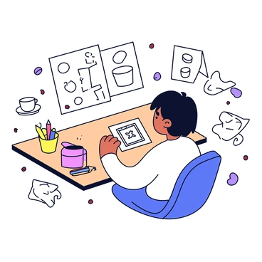 A designer sitting at a wooden desk, focused on creating a logo for a new coffee shop. The designer has short black hair and is wearing a white shirt. Surrounding the designer are various sketches of coffee cups and beans on white sheets of paper. There are scattered coffee beans across the desk, adding a creative touch. A pencil and a cup filled with colorful markers are placed nearby, along with a steaming cup of coffee on the corner of the desk.