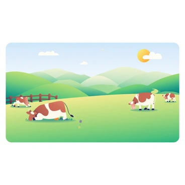 A wide green field stretches across the foreground, dotted with several brown and white cows grazing contentedly. The cows are scattered throughout the field, some standing while others are lying down. In the background, there are gentle rolling hills covered in lush grass. A clear blue sky above features a few soft, white clouds drifting lazily. The sun casts gentle light across the scene, highlighting the vibrant greens of the grass and the warm browns of the cows. A rustic wooden fence borders one side of the field, adding to the tranquil countryside atmosphere.