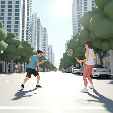Two friends are playing badminton on an urban street surrounded by tall skyscrapers. One friend, wearing a blue t-shirt and black shorts, is preparing to serve the shuttlecock with a confident stance. The other friend, dressed in a white tank top and red leggings, is positioned to receive the shuttlecock with a focused expression. The street is bustling with activity, with people walking by and cars parked along the curb. Lush green trees line the sidewalk, adding a touch of nature to the city environment. The sun is shining brightly, casting distinct shadows on the ground.