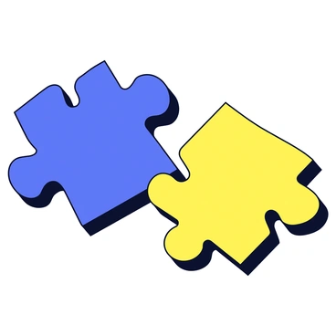 Two puzzle pieces in a bright color palette, one piece is blue and the other is yellow. The pieces are interlocked, showing the intricate details of the edges where they connect. The background is a solid light color that highlights the puzzle pieces, emphasizing their perfect fit and creating a visual sense of harmony.