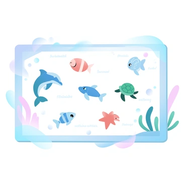 A large master board displays a variety of marine life species. The board features colorful illustrations of a dolphin, a sea turtle, and a clownfish. Alongside them, there are images of a starfish, a jellyfish, and a coral reef. Each species is labeled with their names in clear text. The background shows gentle waves and bubbles, enhancing the underwater theme. The colors are vibrant and inviting, with shades of blue, green, and coral.