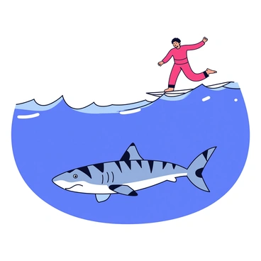 A tiger shark with distinctive stripes swimming beneath the water's surface, gliding smoothly. Above, a surfer balanced on their surfboard, riding a wave with a dynamic and energetic posture. The ocean water is a clear blue, with the sunlight filtering through, creating a shimmering effect on the waves. The surfer wears a bright red wetsuit, contrasting with the blue of the ocean. The shark appears calm, maintaining a safe distance from the surfer as they both navigate the waves.