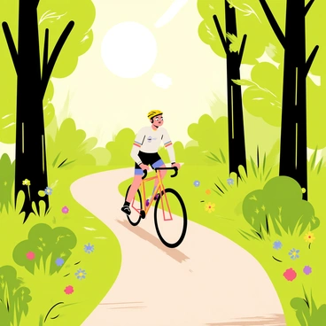 A person riding a bicycle along a narrow dirt path in a lush green forest. The cyclist is wearing a bright helmet and a colorful cycling outfit. Sunlight streams through the tall trees, casting dappled light on the ground. Vibrant green foliage surrounds the path, interspersed with colorful wildflowers. The atmosphere is lively with the fluttering of leaves and the distant sounds of birds chirping.