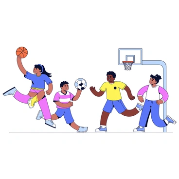 A dynamic scene featuring a sports tournament with various athletes engaged in vigorous competition. In the foreground, a basketball player leaps into the air, preparing to shoot the ball towards the hoop. Nearby, a soccer player dribbles the ball down the field with intense focus. In the background, a group of runners dash towards the finish line, their expressions showing determination. The atmosphere is filled with energy, capturing the excitement of the tournament with athletes in mid-action.