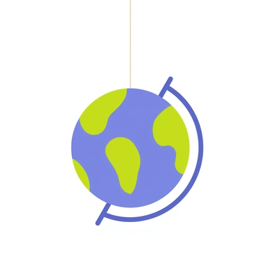 A globe featuring detailed continents and oceans, suspended in the air by delicate, thin strings attached to its surface. The globe displays vibrant colors representing different countries, with blue oceans and green and brown landmasses. The strings are transparent, creating an illusion of weightlessness as they connect to an invisible point above. The globe is perfectly balanced, with no tilting or movement, captured in a serene moment.