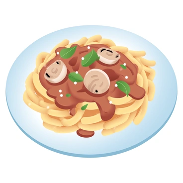 A plate of pasta is neatly arranged in a circular shape, showcasing the noodles that are cooked to perfection. The pasta is generously topped with sliced shiitake mushrooms, which add texture and depth to the dish. A rich soy sauce drizzle cascades over the mushrooms and pasta, creating a glossy finish. Fresh green herbs are scattered on top for added color and contrast, enhancing the overall appeal of the dish. The plate is set on a simple, textured table surface, emphasizing the vibrant colors of the food.