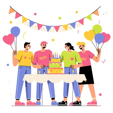 A colorful birthday party scene with a group of four friends, each holding bright heart-shaped balloons in various colors. The friends are gathered around a table decorated with a vibrant birthday cake topped with candles. They are all smiling widely and yelling "Surprise!" in unison. Festive streamers and balloons are scattered around the room, adding to the celebratory atmosphere. A large banner saying "Happy Birthday!" is hung in the background, completing the joyful scene.