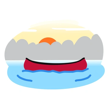 A lone canoe gliding smoothly across a calm lake, with gentle ripples forming around its edges. The canoe is a deep, rich red color, contrasting against the soft, gray mist that blankets the water. Silhouettes of distant trees emerge from the fog, their shapes softly blurred, creating a harmonious border along the shoreline. The sky above is painted in shades of pale orange and warm yellow as the sun begins to rise, casting a soft glow over the tranquil scene. The water is perfectly still except for the canoe, reflecting the colors of the dawn.