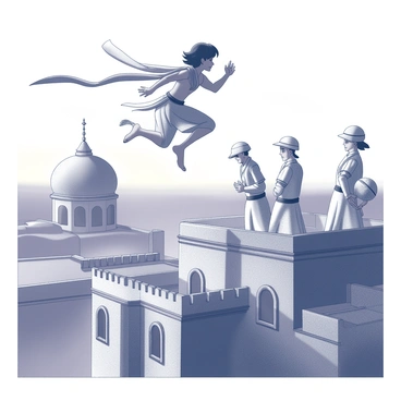 A young man with dark hair is depicted in mid-air, leaping across a series of rooftop structures. He wears loose-fitting garments, indicative of a historic Middle Eastern style, with a scarf trailing behind him. Below, a group of guards, dressed in traditional uniforms, is shown in pursuit, their expressions tense and focused. The rooftops are characterized by intricate tile work and arched windows, creating a sense of depth in the scene. The sky is transitioning from light to dark, with the last light of twilight casting long shadows across the rooftops. "Aladdin" can be seen in an athletic pose, embodying agility and determination in his escape.