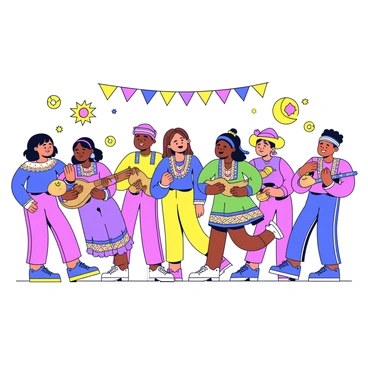 A group of people dressed in colorful traditional attire is gathered together. Each person wears unique garments showcasing vibrant patterns and bright colors. Some are adorned with intricate jewelry and decorative headpieces. They are engaged in lively activities, such as dancing and playing traditional instruments. In the background, there are decorative banners and festive elements that signify a cultural equinox celebration. The atmosphere is filled with energy and joy as everyone participates in the festivities.