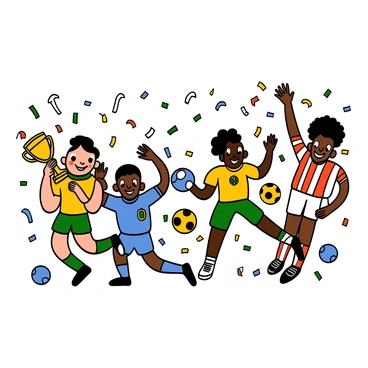 A cartoon illustration of a montage featuring legendary Brazilian football players. The scene includes multiple figures, each representing different eras of Brazilian football. On one side, a light-skinned player with big eyes and short black hair is holding a trophy, wearing a yellow jersey with green trim. Next to him, a dark-skinned player with big eyes and curly hair is dribbling a football, dressed in a blue jersey. In the background, a tall player with big eyes and an afro hairstyle is scoring a goal, wearing a red and white striped jersey. Each player has a joyful expression, celebrating their achievements, with confetti falling in the air and footballs scattered around them.