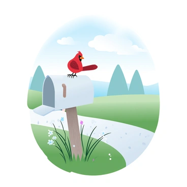 A cardinal perched on a quaint rural mailbox