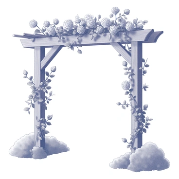 An arbor made of wooden beams, adorned with climbing roses and ivy. The roses are fully bloomed, showcasing their layered petals and intricate shapes. The ivy trails gracefully along the structure, intertwining with the rose branches. The arrangement creates a lush, natural canopy, with the vines wrapping around the beams and leaves forming a dense covering above. The ground beneath the arbor is lined with greenery, enhancing the garden atmosphere.
