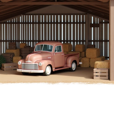 An old, vintage truck with a faded red paint job is parked inside a rustic barn. The truck has a classic design, featuring round headlights and a curved front grille. Surrounding the truck, there are stacks of golden hay bales scattered throughout the barn. Wooden crates, some stacked and others lying on the ground, add to the rustic atmosphere. Sunlight filters through the wooden slats of the barn, casting soft shadows on the dirt floor. The overall scene conveys a sense of nostalgia and simplicity.