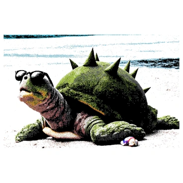A large green and brown turtle-like creature with spikes on its shell is lounging on a beach. It has dark sunglasses perched on its snout, and its mouth is slightly curved into a relaxed expression. In one hand, it holds a colorful drink with a straw, while the other rests on its rounded belly. The sandy beach stretches out in front of it, with a few scattered seashells dotting the ground. In the background, gentle ocean waves can be seen rolling towards the shore, completing the tranquil scene.
