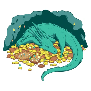 A large dragon with shimmering scales of teal is sleeping peacefully on a massive pile of glimmering gold coins and sparkling jewels in a vast cave. The cave walls are rough and rocky, and there are shadows cast by the flickering light of a few torches mounted on the stone. The treasure pile is overflowing with coins, gemstones in various sizes, and ornate artifacts, all reflecting the dragon's scales. The dragon's wings are folded neatly against its body, and its long tail is curled around the treasure, creating a sense of warmth and protection over its hoard.