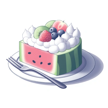 An artistic display of a watermelon cake topped with whipped cream and fruit.