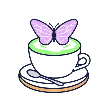 A delicate butterfly is resting on the surface of a latte, its wings gently spread open. The latte is served in a white ceramic cup, and the creamy foam has been expertly shaped into the form of the butterfly. The body of the butterfly is centered perfectly atop the foam, while intricate patterns echo its wings' design. A wooden saucer holds the cup, and a small silver spoon lies next to it. The background features a smooth table surface, complementing the scene.