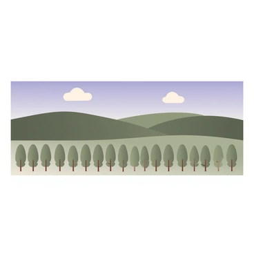 A digital flat illustration depicting a landscape scene featuring a series of identical trees with green foliage arranged in neat rows. The trees have slender trunks and are evenly spaced, creating a uniform look. Behind the trees, rolling hills rise and fall in a smooth, repetitive pattern across the horizon. The hills are shaded in varying tones of green, adding depth to the scene. The sky is a bright blue with a few fluffy white clouds scattered throughout, enhancing the openness of the landscape.
