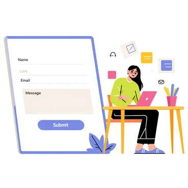 A large tablet displaying a contact form layout with rounded corners and a clean white background. The form includes labeled input fields for "Name," "Email," and "Message" in a modern font. A bright blue submit button is prominently featured at the bottom center of the form. The designer, a young woman with glasses and long hair, is sitting at a wooden table, intently focused on the tablet screen. Colorful sticky notes and design sketches are scattered around her, adding a creative touch to the workspace.