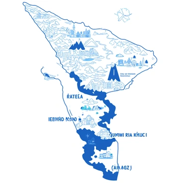 A duotone illustration of a map of Kerala, featuring intricate details and landmarks. The map is filled with various geographical features including mountains, rivers, and coastlines, all beautifully outlined. Prominent landmarks like backwaters, temples, and tea plantations are carefully depicted on the map, showcasing their unique shapes and positions. The borders of the map are adorned with decorative patterns to emphasize the cultural richness of the region. The overall composition is clear and informative, inviting viewers to explore the various elements presented.