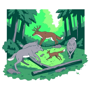 A group of four wolves, each with thick fur in shades of gray, is sprinting after a startled deer in a vibrant green forest. The wolves have their ears pinned back, and their eyes are focused intently on the deer ahead. The deer, with its sleek brown fur, is leaping gracefully over fallen logs and patches of thick underbrush, its white tail flicking in panic. Sunlight filters through the tall, lush trees, casting dappled shadows on the forest floor, which is covered in rich green foliage and scattered leaves. The scene captures the tension and movement of the chase in the heart of the dense wilderness.