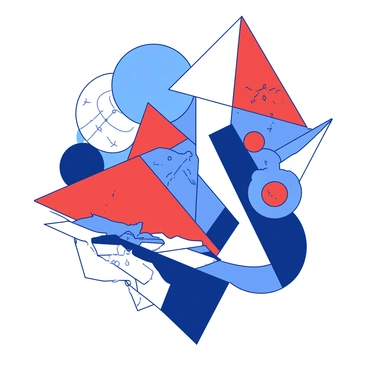 A duotone illustration features a collection of geometric shapes such as triangles, circles, and squares in various sizes. The shapes are arranged in an overlapping manner, creating a dynamic composition. Some shapes are filled with "red" while others are filled with "blue". The background is a subtle blend of "blue" and "red", enhancing the vibrancy of the geometric patterns. Additionally, there are intricate lines and patterns connecting the shapes, adding depth to the illustration.