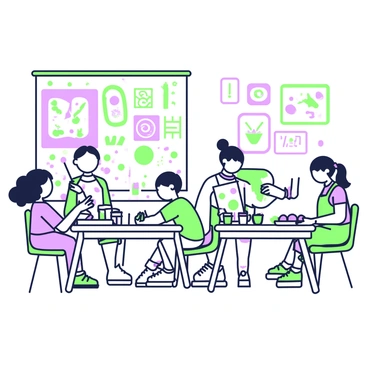 A group of children are seated at several tables in an art classroom. Each child is focused on painting patterns on half-size boards in front of them. One child is using a brush to create swirls in bright colors while another is applying dots with a sponge. Nearby, a child is mixing colors on a palette, surrounded by jars of paint. Paint spills and colorful splotches are visible on the tables and the floor. The walls of the classroom are adorned with various completed art pieces hanging in frames. Various art supplies are scattered across the tables, including brushes, palettes, and aprons.